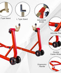 Beast Tough Motorcycle Lift Stand For Sport Bikes Front And Rear Wheel Lift Adjustable Steel Stand Up To 850 Lbs Red