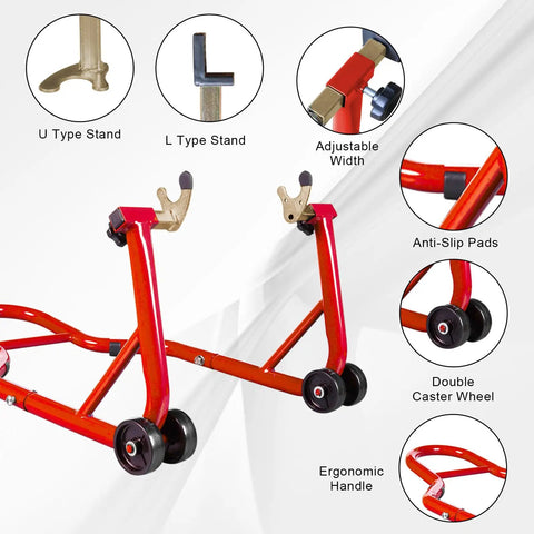 Beast Tough Motorcycle Lift Stand For Sport Bikes Front And Rear Wheel Lift Adjustable Steel Stand Up To 850 Lbs Red