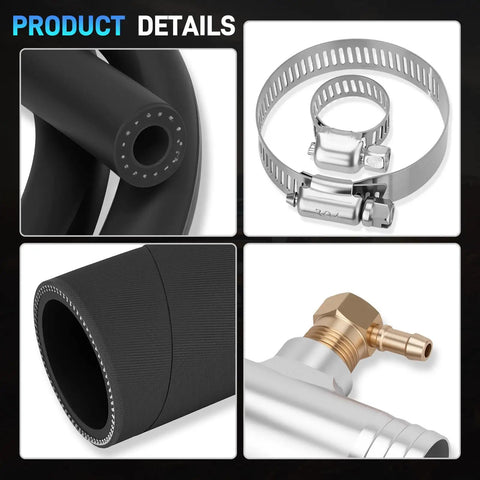 Diesel Gravity Fueled Auxiliary Fuel Tank Installation Kit For Heavy Duty Trucks Works With Ford F Series Chevy Silverado GMC Sierra Dodge Ram 1999 2022 With One And A Half Inch Fill Line, showing close-up of hoses, clamps, and fittings.