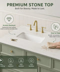 Premium stone top with scratch resistant design on a slick modern bathroom vanity with floating sink cabinet.