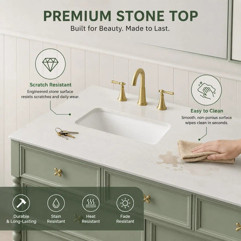 Premium stone top with scratch resistant design on a slick modern bathroom vanity with floating sink cabinet.