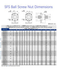SFS Ball Screw Nut dimensions and specifications chart in millimeters