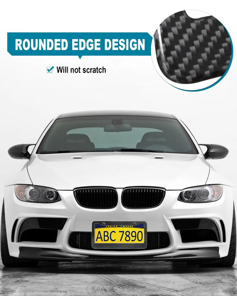 Legit Real Carbon Fiber License Plate Frame With Glossy 3D Twill Finish For Cars And Trucks on a white sedan with rounded edge design.