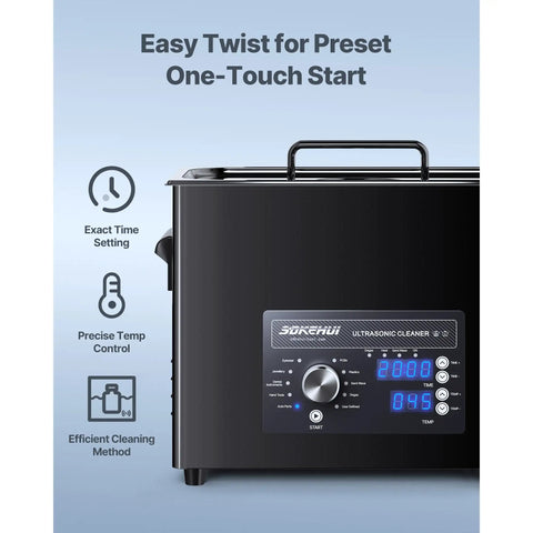 Heavy Duty 6 Liter Ultrasonic Cleaner With Digital Timer And Heater control panel showing temperature and timer settings.