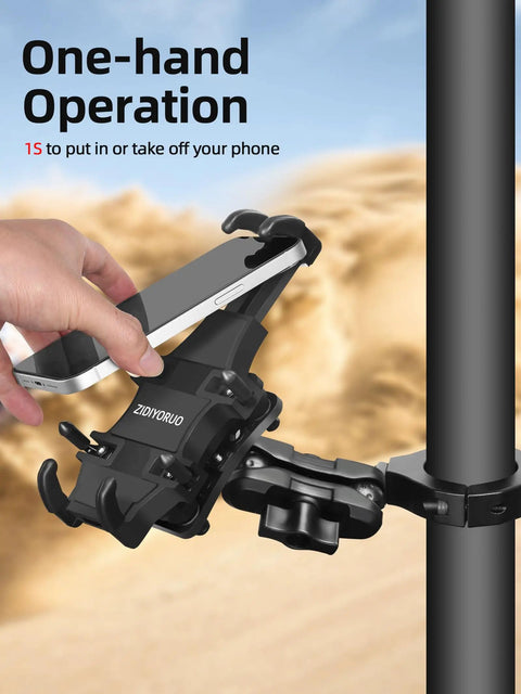 Person mounting phone on Anti Vibration UTV Phone Mount Heavy Duty Full Protection SXS Phone Holder with aluminum bracket.