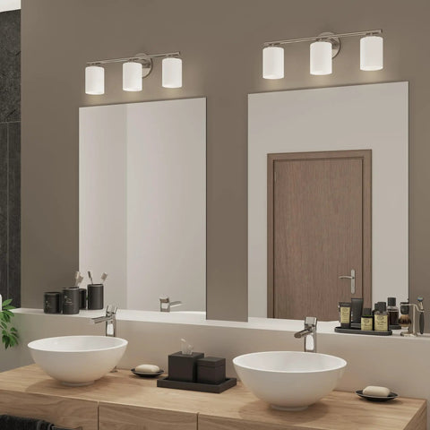 Three Light Etched Glass Modern Bath Vanity Light in Polished Nickel Finish, Replay Collection, Indoor Use in sleek bathroom setting