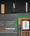 Lightweight 5 in 1 Wall Scanners Studs Finders with Auto Calibration showing stud center, metal pipes, and LCD screen detail.