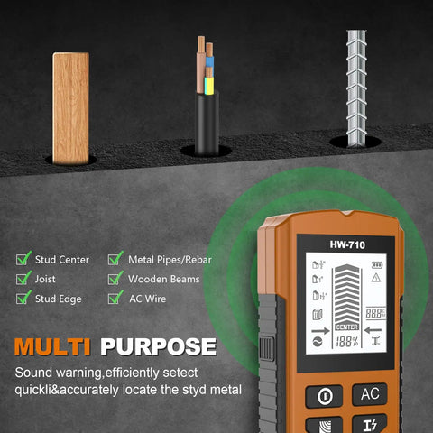 Lightweight 5 in 1 Wall Scanners Studs Finders with Auto Calibration showing stud center, metal pipes, and LCD screen detail.