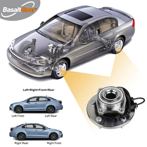 Diagram showing car with integrated "Beefed Up Pair Front Wheel Bearing And Hub Assembly 513273 Direct Replacement For 2008 To 2016 Town And Country 2008 To 2020 Grand Caravan 2009 To 2014 Routan And 2012 To 2015 Ram C V Minivans"