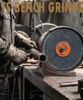 Denim Buffing Wheels Eight Inch By Five Eighth Inch Arbor With Thick Spiral Sewn Design in use on grinder in workshop