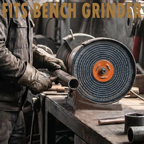 Denim Buffing Wheels Eight Inch By Five Eighth Inch Arbor With Thick Spiral Sewn Design in use on grinder in workshop