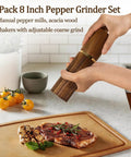 Two Pack Acacia Wood Salt And Pepper Grinder Set With Refillable Design Adjustable Ceramic Core Gold Stainless Steel Accents
