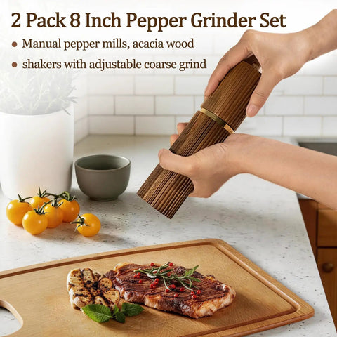 Two Pack Acacia Wood Salt And Pepper Grinder Set With Refillable Design Adjustable Ceramic Core Gold Stainless Steel Accents