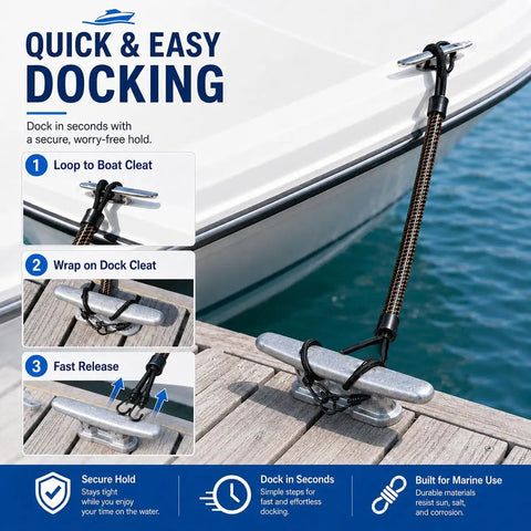 2 Pack Bungee Dock Lines For Pathfinder 2600 TRS Boat Mooring Snubber Cord Elastic Shock Absorbing Docking Rope With Stainless Steel Clips 22 Inch Length For Safer Smoother Docking And Easy Mooring attached to boat and dock cleat