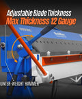 Close-up of 100 Inch Manual Sheet Metal Brake for 12 Gauge Steel with adjustable blade and counter-weight hammer, model PB10012