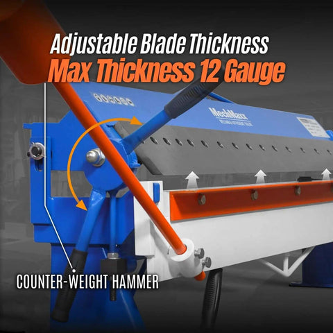 Close-up of 100 Inch Manual Sheet Metal Brake for 12 Gauge Steel with adjustable blade and counter-weight hammer, model PB10012