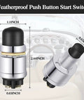 Push To Start Engine Button Momentary 12V 24V Waterproof Switch for cars, showing dimensions, flush mount design in black and chrome