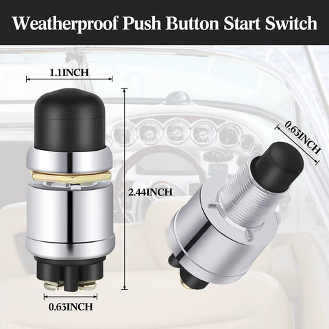 Push To Start Engine Button Momentary 12V 24V Waterproof Switch for cars, showing dimensions, flush mount design in black and chrome