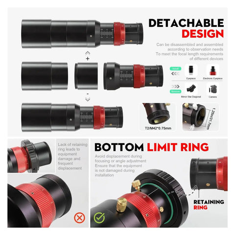 Detailed view of 1.25 Inch 50mm Dual-Speed Focusing Telescope Finder Scope's detachable design and bottom limit ring features.
