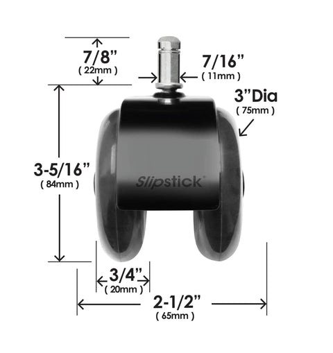 3 Inch Dual Rollerblade Office Chair Wheels Set Of Five For Smooth And Safe Rolling On All Flooring Surfaces Premium Rubber Caster Wheels With Universal Seven Sixteenth By Seven Eighths Inch Stem showing dimensions
