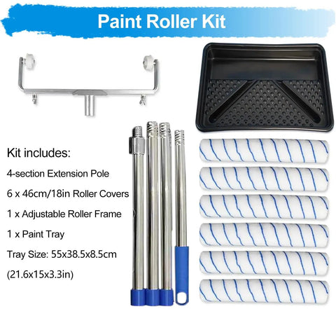 Heavy Duty Paint Roller Kit With Extension Pole And Adjustable Frame Featuring Six 18 Inch Non Shedding Rollers Licking Up Paint Slick For Walls And Ceilings Zero Shedding For Smooth Pro Finishes Every Time, includes tray and tools.
