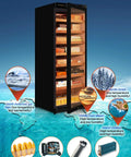 Premium 380L Humidor Cabinet With Constant Temperature And Humidity Wood Frame In Piano Black Finish, displaying cedar trays.