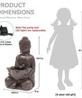 Buddha Outdoor Water Fountain With LED Lights And Pump, Zen Style Garden Waterfall For Patio Or Yard, Faux Bronze Finish next to diagram of 4-year-old girl for size comparison.