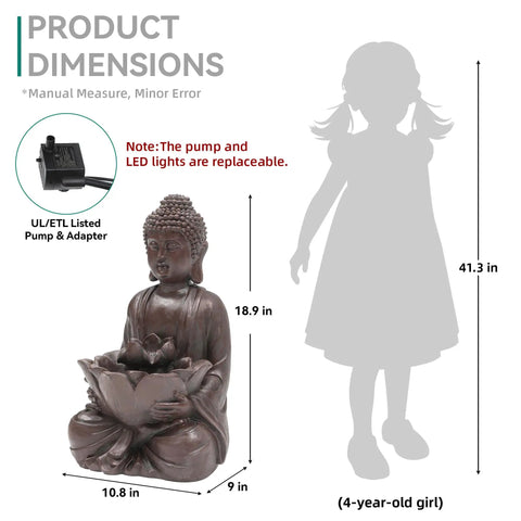 Buddha Outdoor Water Fountain With LED Lights And Pump, Zen Style Garden Waterfall For Patio Or Yard, Faux Bronze Finish next to diagram of 4-year-old girl for size comparison.