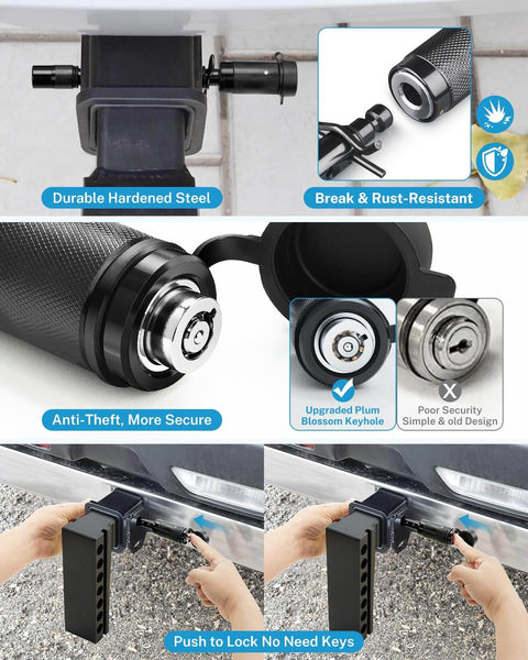 5 By 8 Inch Trailer Hitch Lock Pin With Keys Heavy Duty Locking Hitch Pin For Class III IV Tow RV Hitches Anti Theft And Anti Rattle Hardened Steel With Black Finish Rust Resistant Easy Install Locks Your Rig Down Tight close-up view