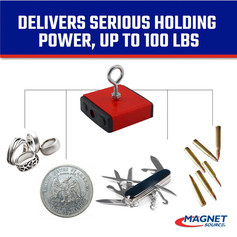 Ceramic Fishing Magnet With Eyebolt For Heavy Duty Retrieval And Magnetic Pickup Tool 100 Lb Pull Strength with items attached