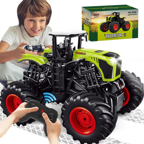 Child playing with a Big Monster Truck Tractor RC Toy for Kids 1 to 16 Scale with lights and sounds, featuring a 2.4 GHz remote control