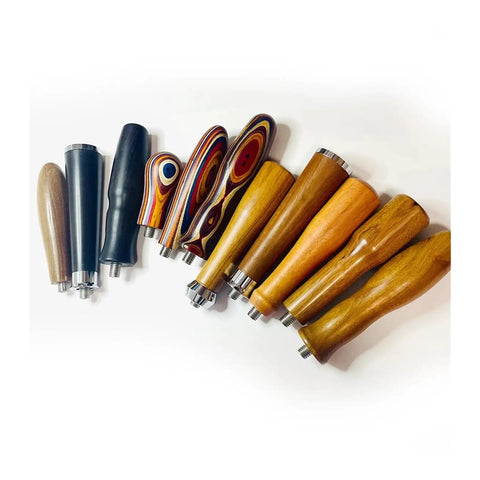 Collection of wood and metal handles for 58mm Bottomless Portafilter with various shapes and colors, barista accessory.