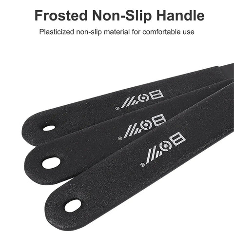 Close-up of frosted non-slip handles on Pro Grade Bike Cone Wrench Set 13 To 19 Mm 7 Piece for hub axle nut install and removal.