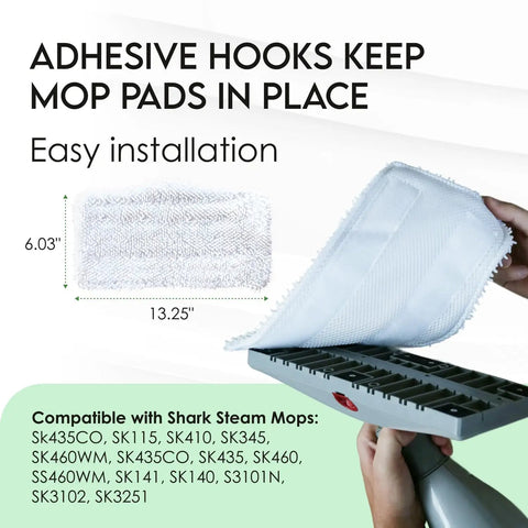 Adhesive hooks on Microfiber 4 Pack Mop Pads For Shark Steam Mops SK And S Series Replacement Pads shown with dimensions