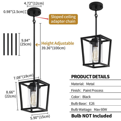 Black Pendant Lights For Kitchen Island, Modern Lantern Fixtures With Clear Glass Shades, Industrial Farmhouse Hanging Ceiling Light For Hallway, Dining Room And Entryway, Durable Metal Pendant Lighting with specifications and dimensions.
