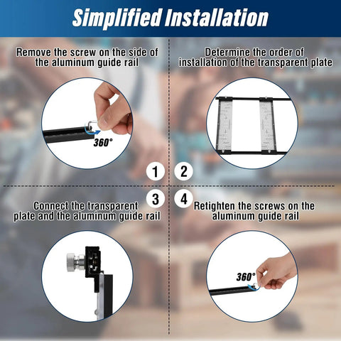 Premium 5MM Shelf Pin Drilling Jig With Adjustable Indexing Guide installation steps showing assembly parts and screws.