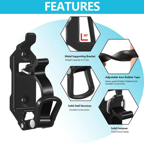 Eight Piece Shovel Mount For Roof Rack featuring durable metal bracket, adjustable rubber tape, solid steel structure, and fastener.