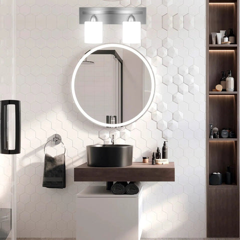 Three Light Bathroom Vanity Light Fixture With Brushed Nickel Finish And White Frosted Glass Includes Five Piece All In One Bath Set