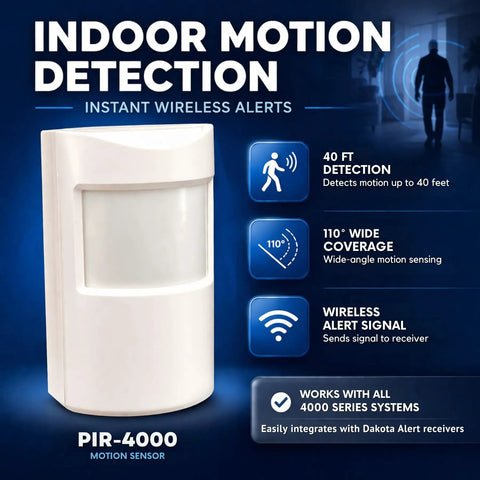 Indoor Wireless Motion Detector With PIR Sensor, Battery Operated, Long Range Infrared Monitoring Detects People Up To 40 Feet, 110 Degree Coverage, No Wiring Needed For Home Or Business Security