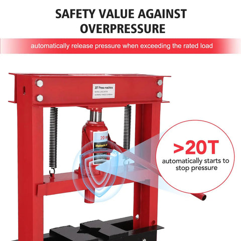 Safety features of 20 Ton Hydraulic Shop Press For Car Repair And Garage Use Heavy Duty Benchtop H Frame Press With Dual Press Plates.