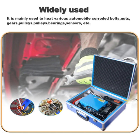 Straight Up Heavy Duty 1500W Portable Induction Heater Kit Includes Four Magnetic Coils And Rugged Carry Case with tools for automotive maintenance.