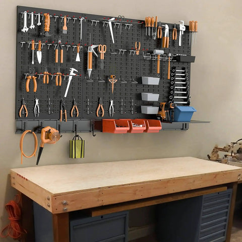 Heavy Duty Metal Pegboard Wall Organizer System For Garage Use 109 Piece Kit With Pegboard Bins Hooks Peg Locks And Black Steel Construction