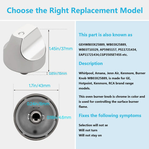 Five Pack Range Burner Control Knob Replacement Set For Cafe CGP350 Series Ovens dimensions and model compatibility details