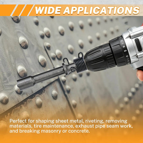 Smoothing Air Hammer Bits Set For Tire Repair And Sheet Metal Riveting showing bit with spring on metal surface