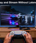 Person using gaming controller with TV and gaming console, Cat 8 Ethernet Cable 100 Ft Shielded Beefy High Speed Network Cable visible in setup.
