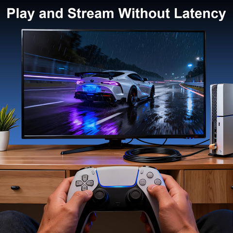 Person using gaming controller with TV and gaming console, Cat 8 Ethernet Cable 100 Ft Shielded Beefy High Speed Network Cable visible in setup.