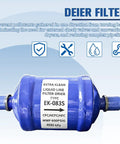 Heavy Duty 1/4 Inch Flow Filter Drier For Automotive Heat Pump Cars Sleek Steel Build in blue with label for liquid line filtering.