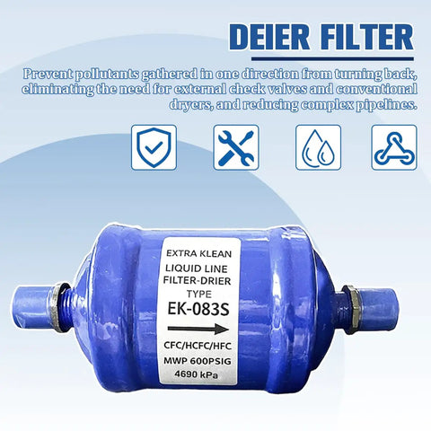 Heavy Duty 1/4 Inch Flow Filter Drier For Automotive Heat Pump Cars Sleek Steel Build in blue with label for liquid line filtering.