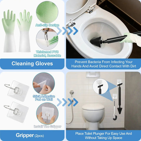 Image showing Heavy Duty Air Pressure Toilet Plunger with cleaning gloves and gripper, showcasing ergonomic design for unclogging.