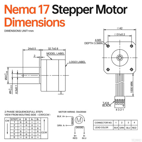 Technical diagram of Three Pack Nema 17 Stepper Motors For DIY CNC And 3D Printer Projects Beefy Torque with dimensions and wiring details.